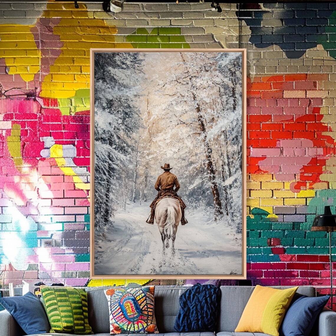 Cowboy Riding White Horse Snowy Forest Trail Winter Western Poster - Image 2