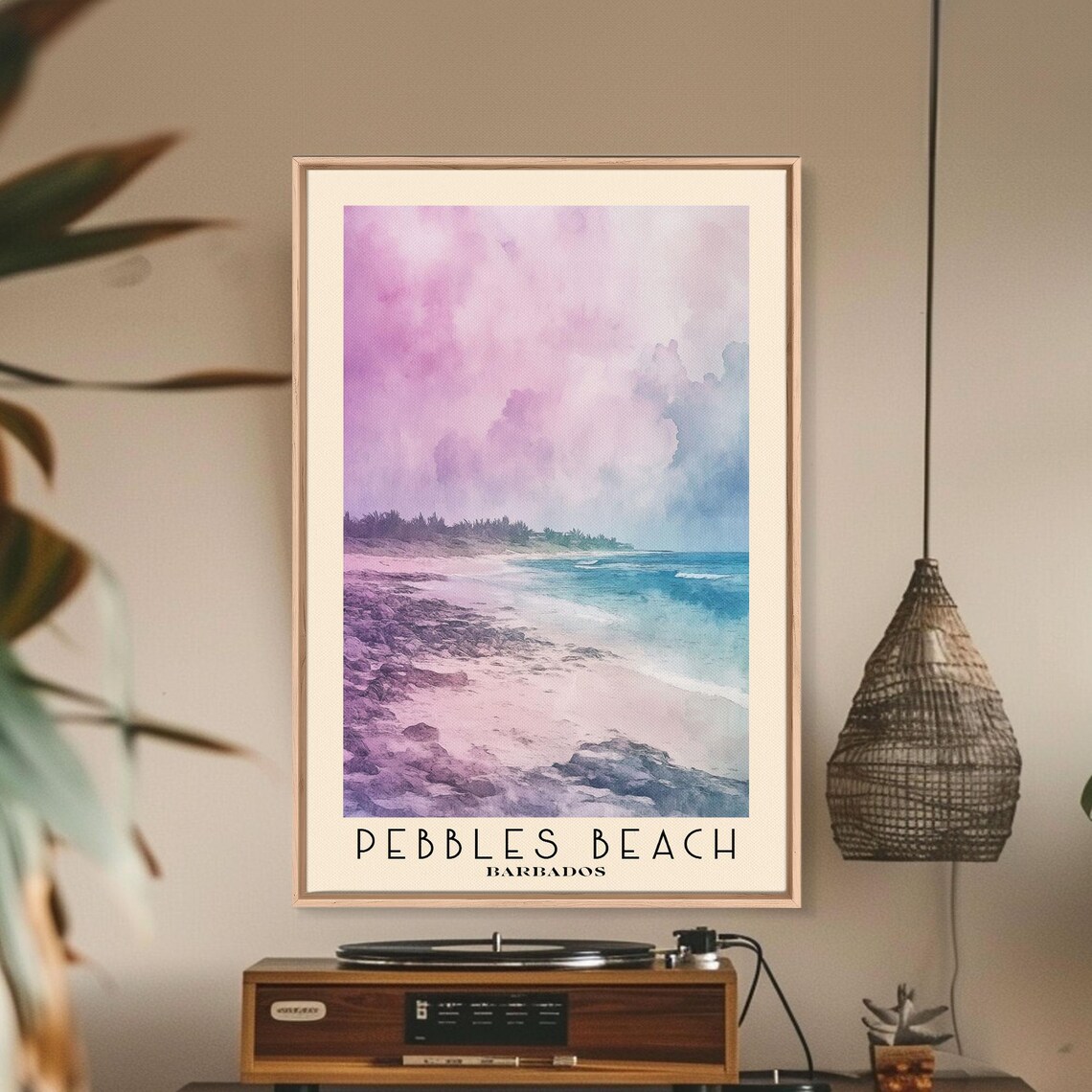 Pebbles Beach Barbados Rocky Shore Pink Clouds Turquoise Water Travel Poster - Image 2