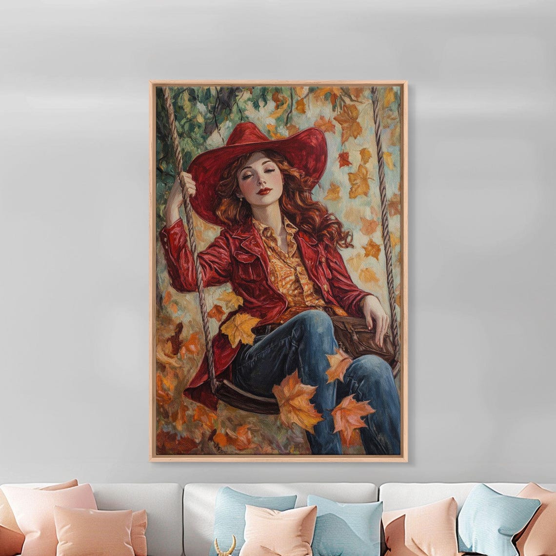 Fall Cowgirl Enjoying Her Swing Framed Print Autumn Decor Cute Wall Art Gift Idea - Image 2