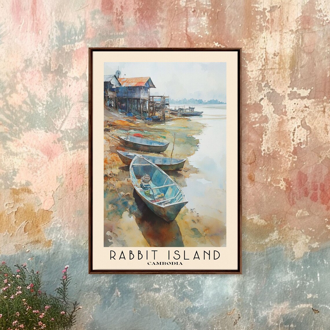 Rabbit Island Cambodia Beached Fishing Boats Stilt Houses Village Watercolor Poster