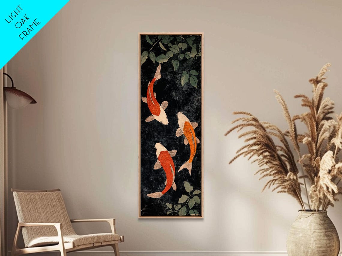 Three Koi Fish Black Pond Green Leaves Japanese Style Painting Poster