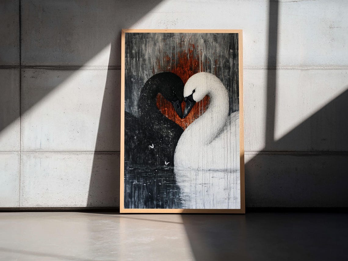 Black And White Swan Pair Heart Shape Love Romantic Couple Art Poster - Image 5