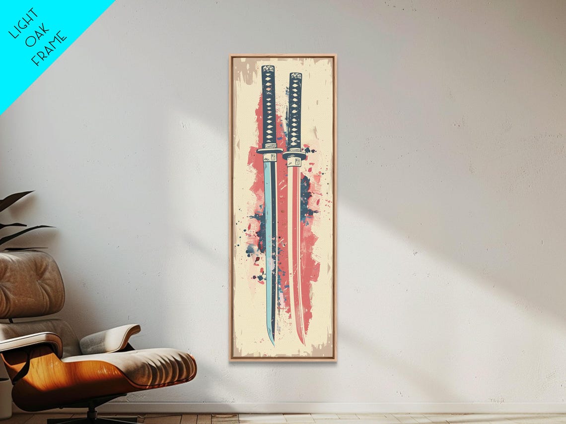 Pair Of Katana Swords With Red Ink Splash Japanese Pop Art Poster - Image 2