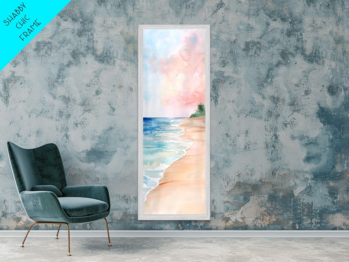 Pastel Watercolor Beach Pink Sky And Sandy Shore Wall Art Print - Image 2
