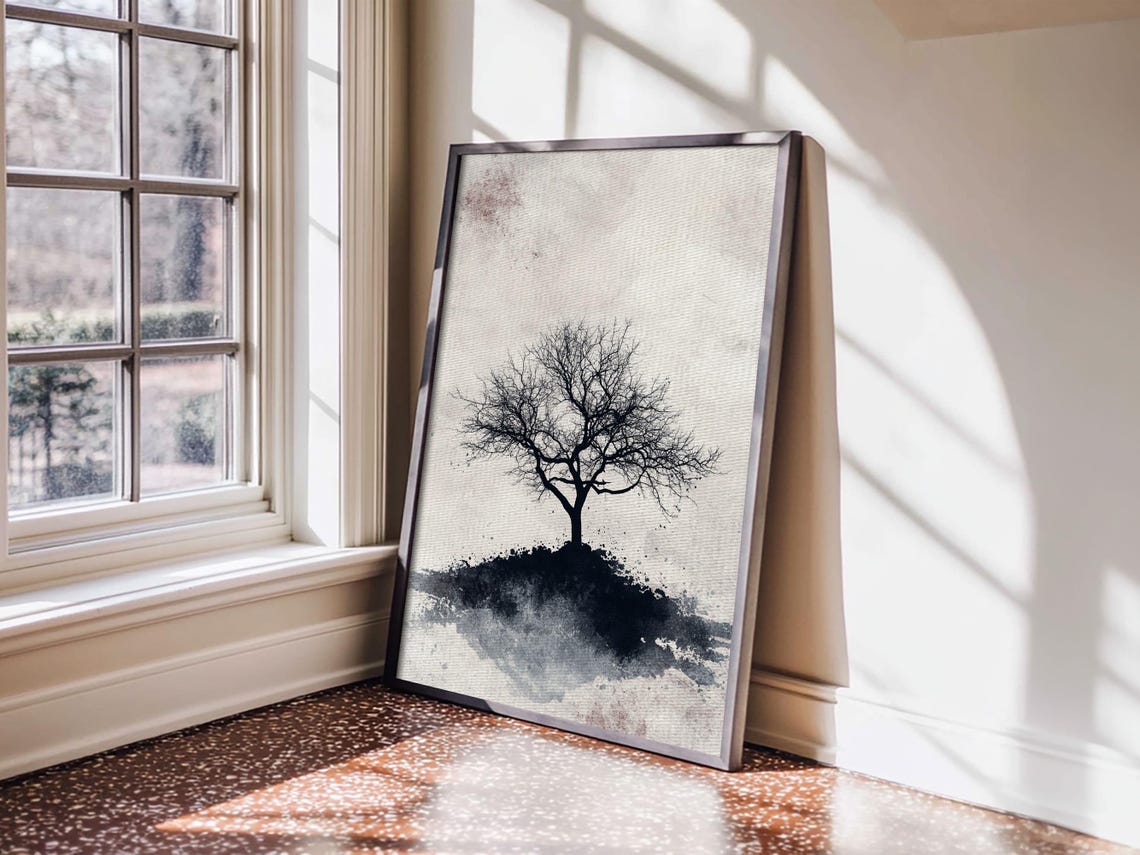 Black White Charcoal Bare Tree Sketch Minimalist Wabi Sabi Art Poster - Image 2