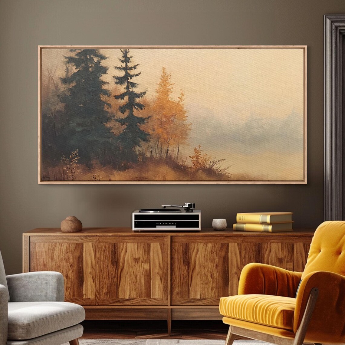 Autumn Watercolor Pines Golden Birch Foggy Morning Minimal Poster - Image 3
