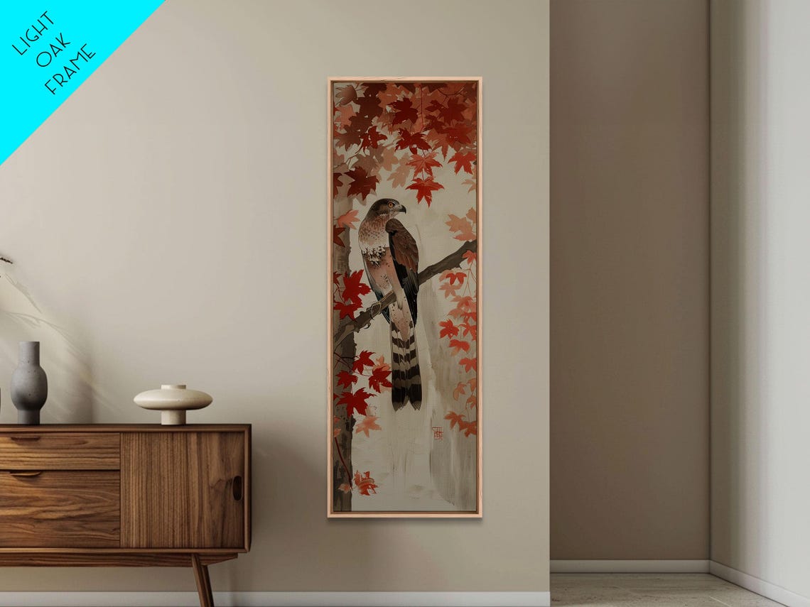 Hawk Perched Among Red Autumn Leaves Japanese Woodblock Style Poster