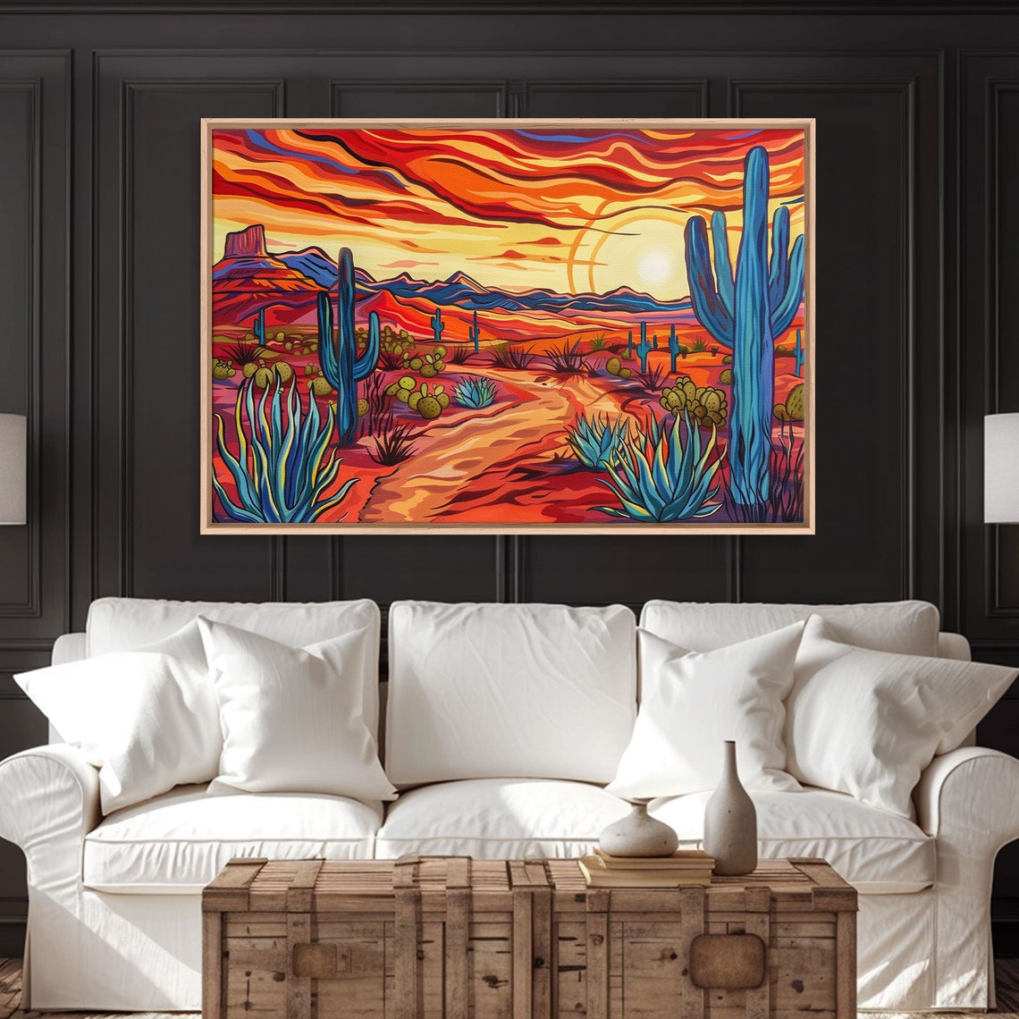 Vibrant Desert Sunset Saguaro Cactus Stylized Painting Wall Art - Image 4