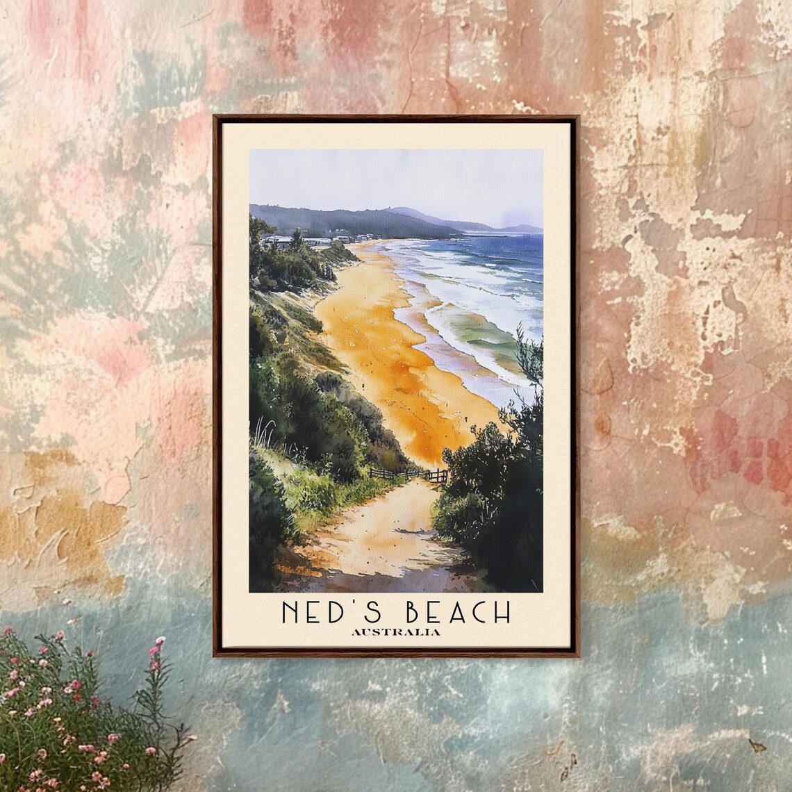Neds Beach Australia Golden Sand Hillside Path Watercolor Travel Poster