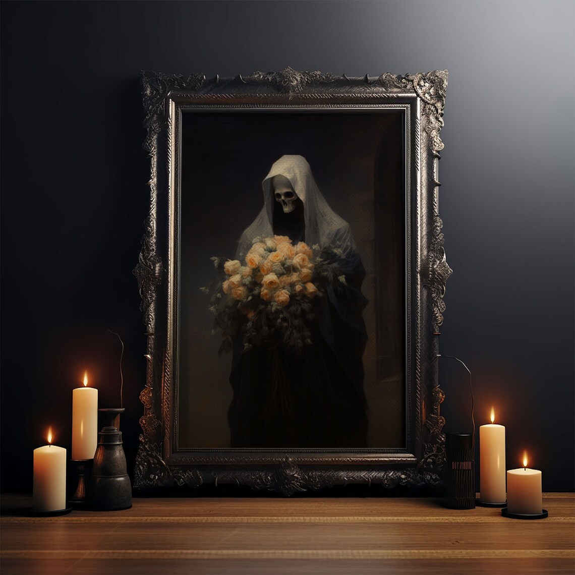 Grim Reaper Holding Yellow Roses Bouquet Dark Oil Painting Gothic Halloween Wall Art Print - Image 3