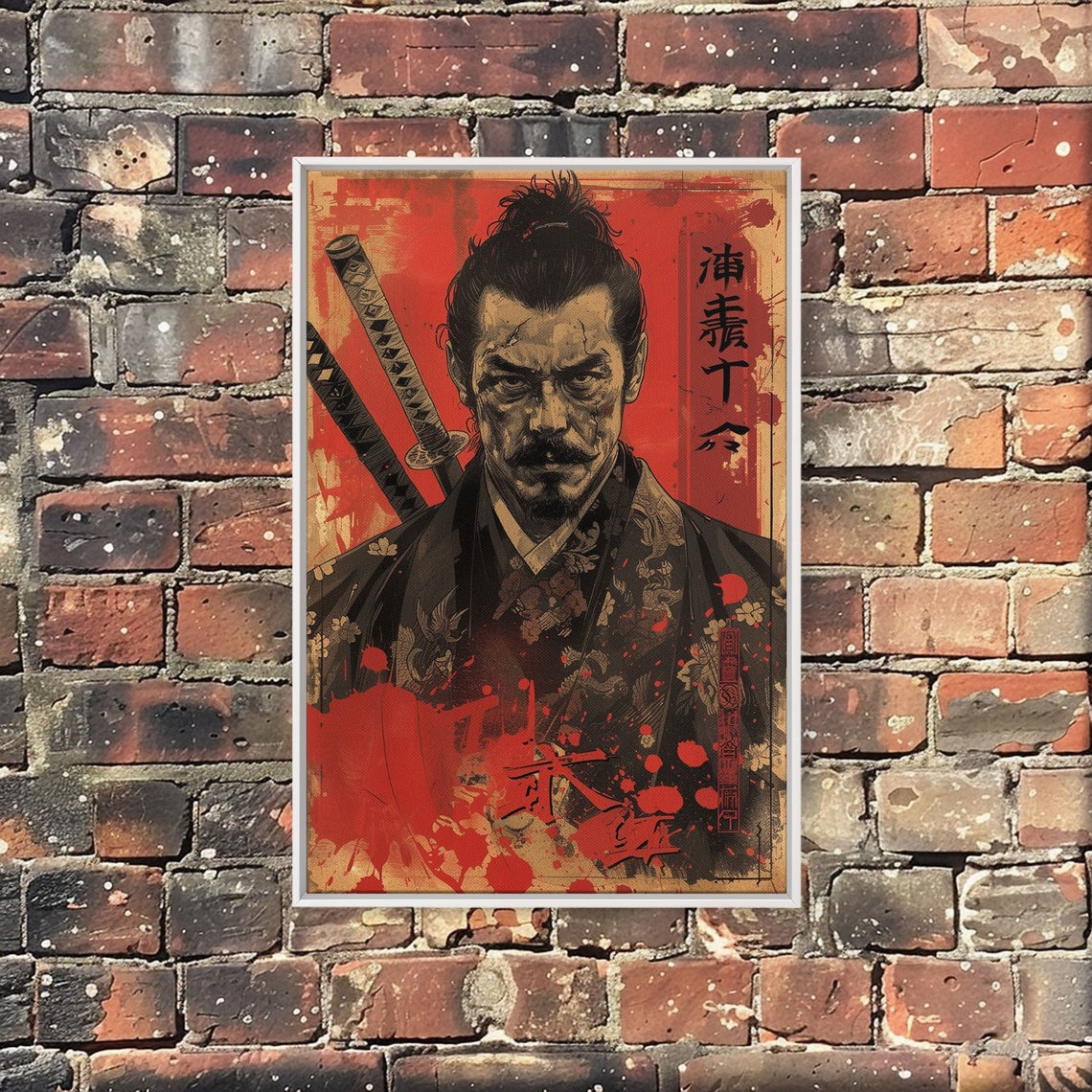 Samurai Warrior Floral Kimono Katanas Blood Red Distressed Poster - Image 2