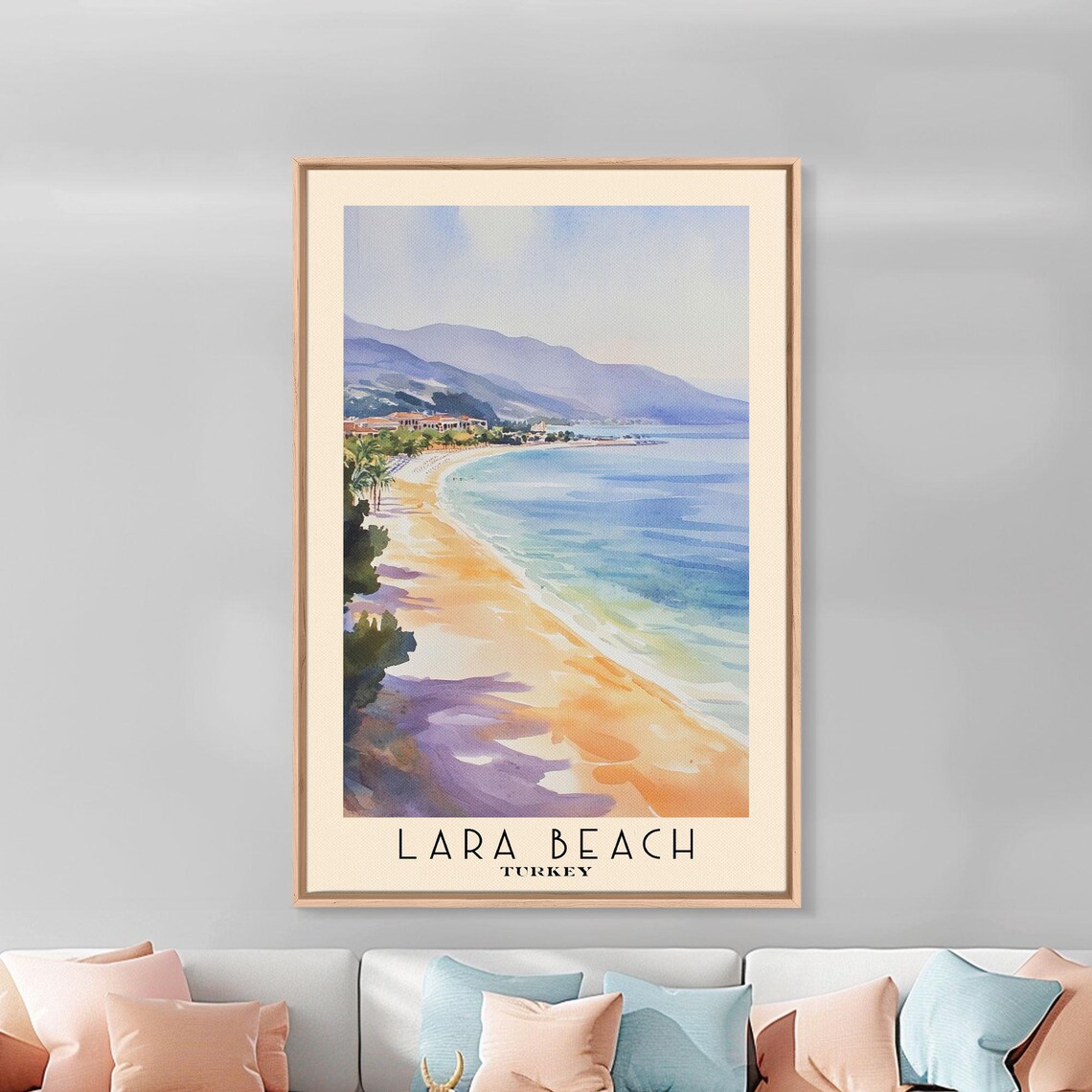 Lara Beach Turkey Golden Crescent Coast Mountain View Watercolor Poster - Image 3