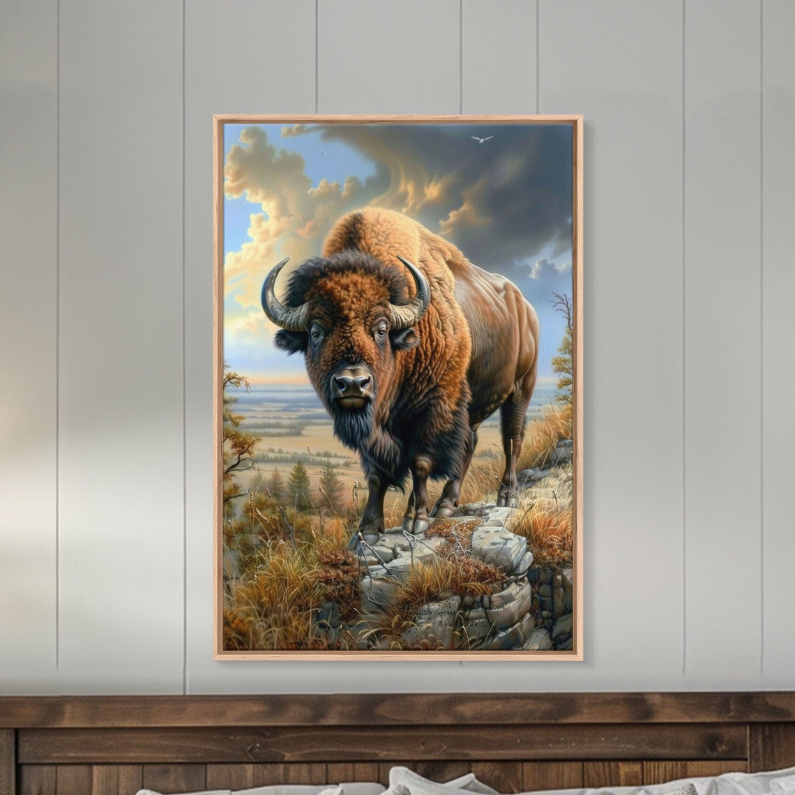 Majestic Bison On Rocky Hilltop Under Dramatic Sky Wildlife Poster - Image 2