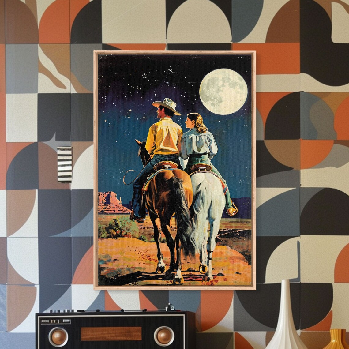 Cowboy Couple On Horseback Gazing At Moon In Desert Night Poster - Image 3