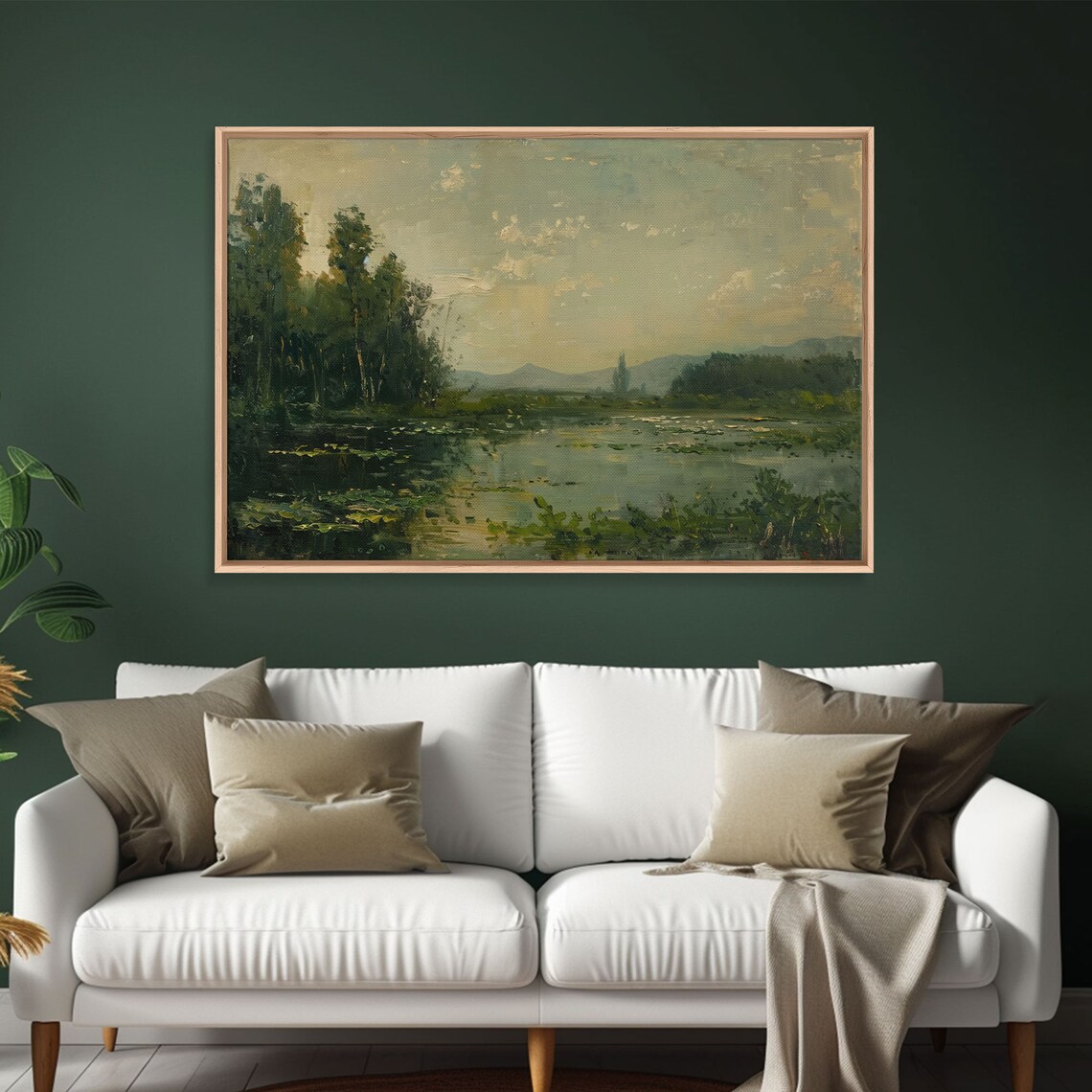 Golden Hour Lake Lily Pads Trees Vintage Impressionist Painting Print - Image 3