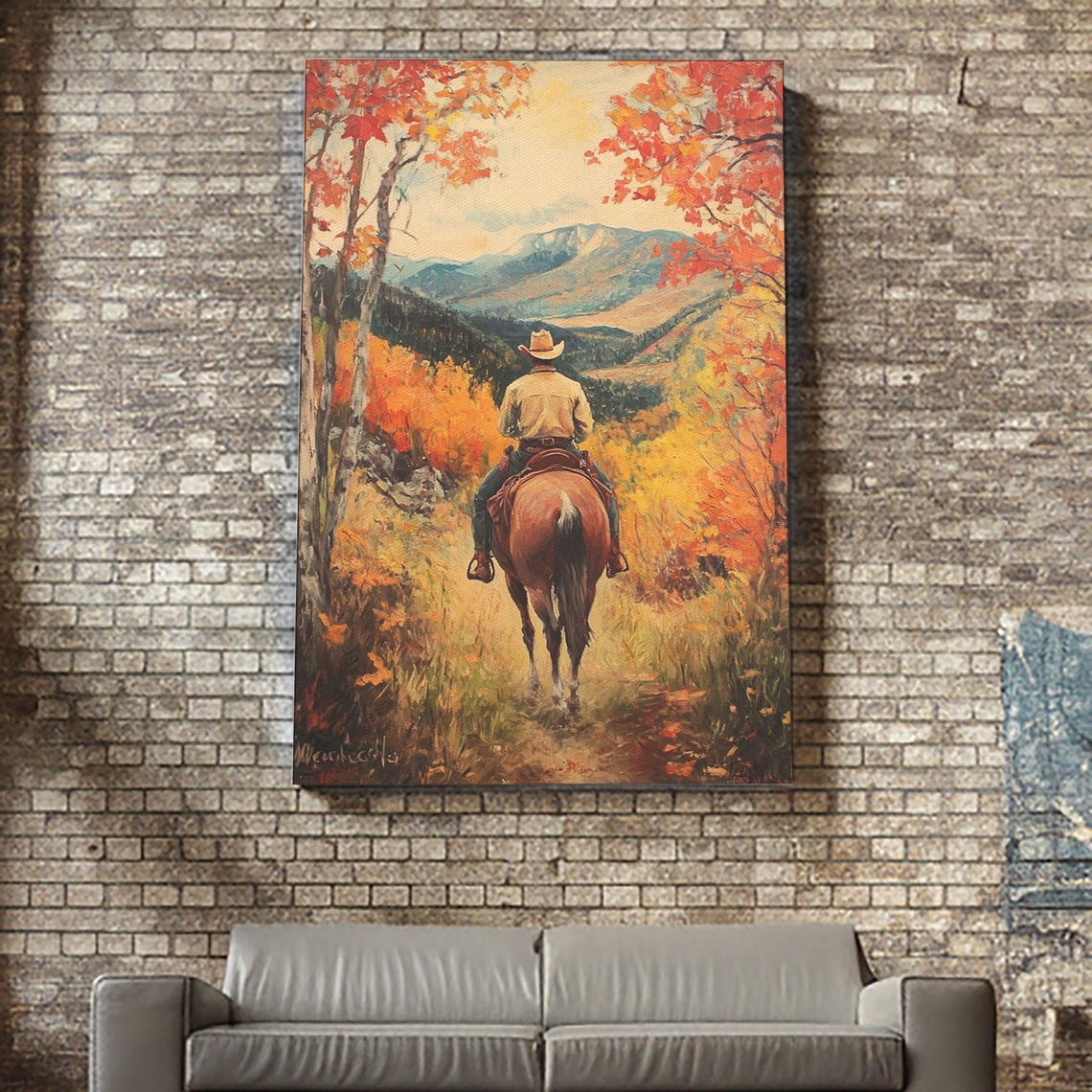 Cowboy Riding Autumn Trail Toward Mountains Orange Trees Fall Poster - Image 5
