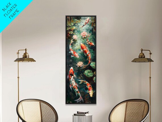 Mystic Forest Pond Koi Fish Boho Farmhouse Wall Art Framed Print Tall Art Japanese Style Art