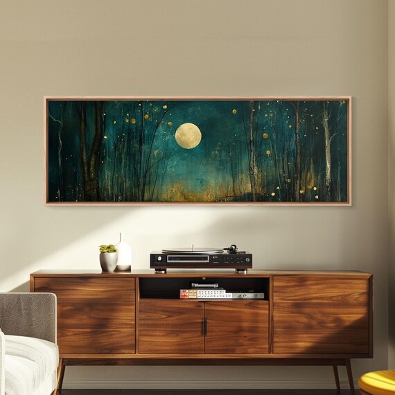 Dark Fantasy Forest At Midnight Framed Print Panoramic Wall Art Extra Wide Mystical Midnight In The Evil Forest Painting