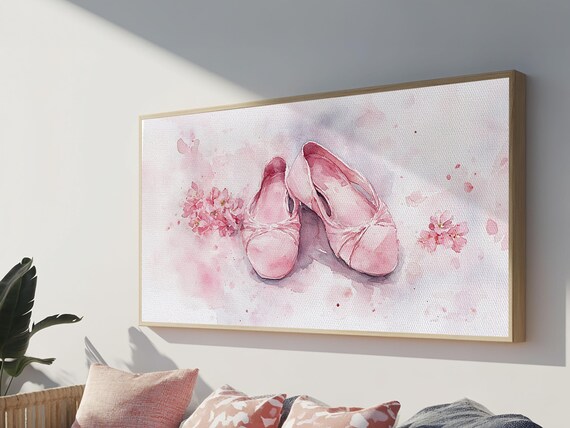 Pink Ballet Shoes Framed Print Whimsical Cottagecore Wall Art With Cherry Blossoms Light Pink Dorm Art Gift Idea