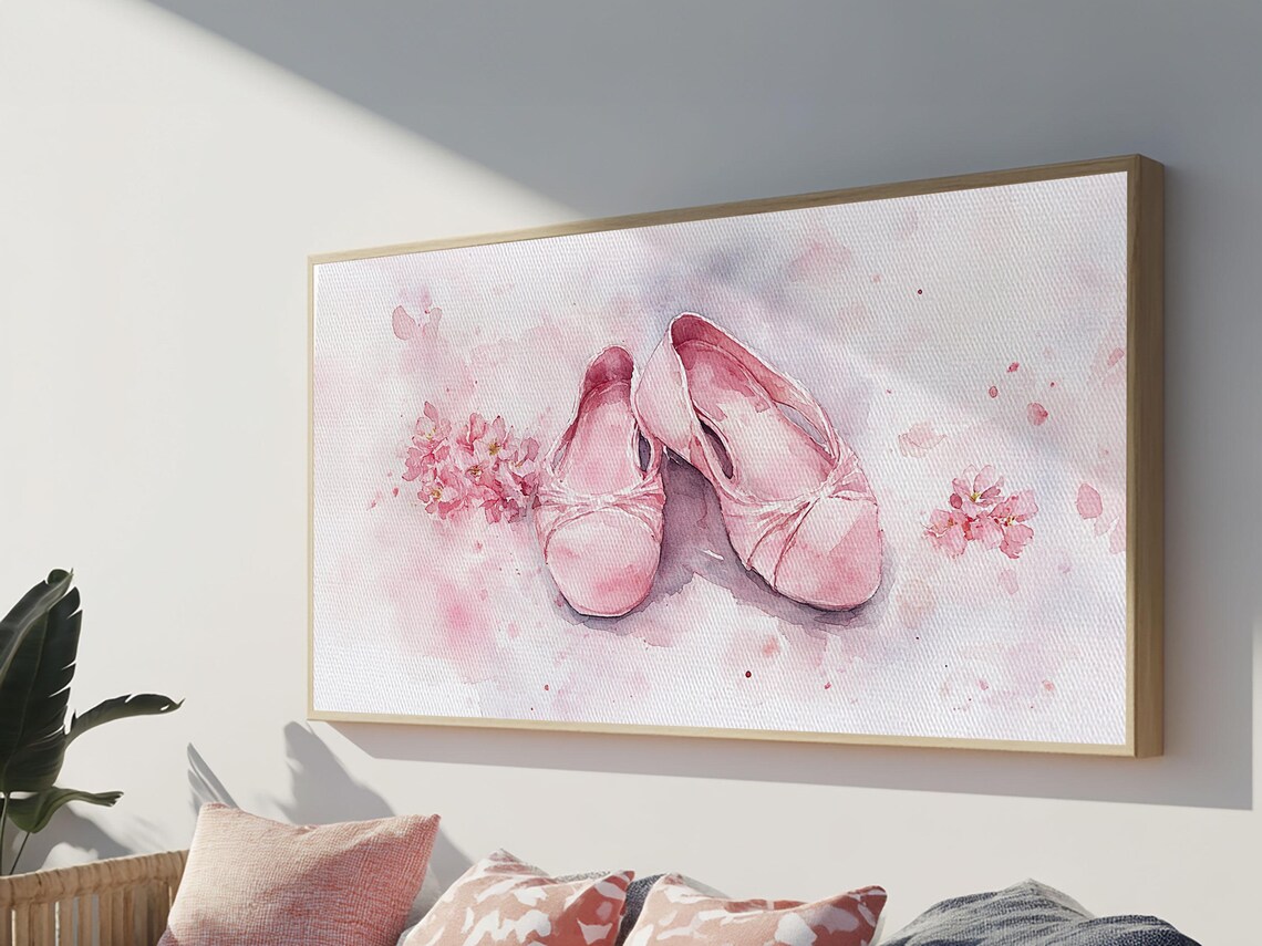 Pink Ballet Shoes Framed Print Whimsical Cottagecore Wall Art With Cherry Blossoms Light Pink Dorm Art Gift Idea