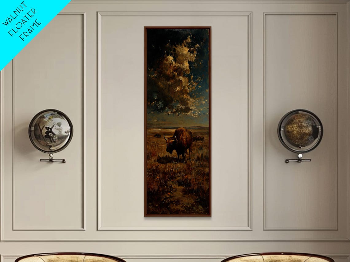 Wild Bison On Golden Prairie Grassland Impasto Dramatic Sky Poster - Image 6