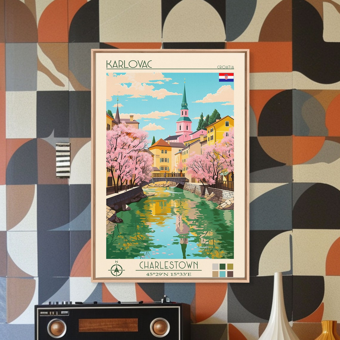 Karlovac Croatia Riverside Bridge Blossom Trees Spring View Poster - Image 5