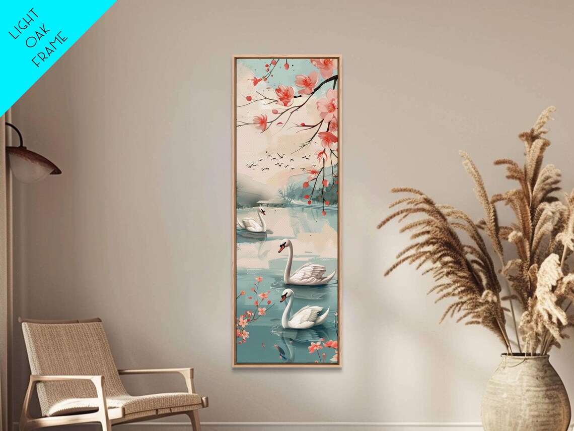 White Swans Lake Cherry Blossoms Japanese Style Tall Art Poster - Image 2