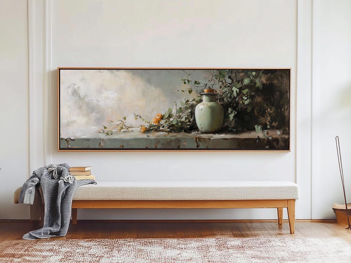 Green Ceramic Vase Vine Still Life Rustic Earthy Painting Decor Poster - Image 2