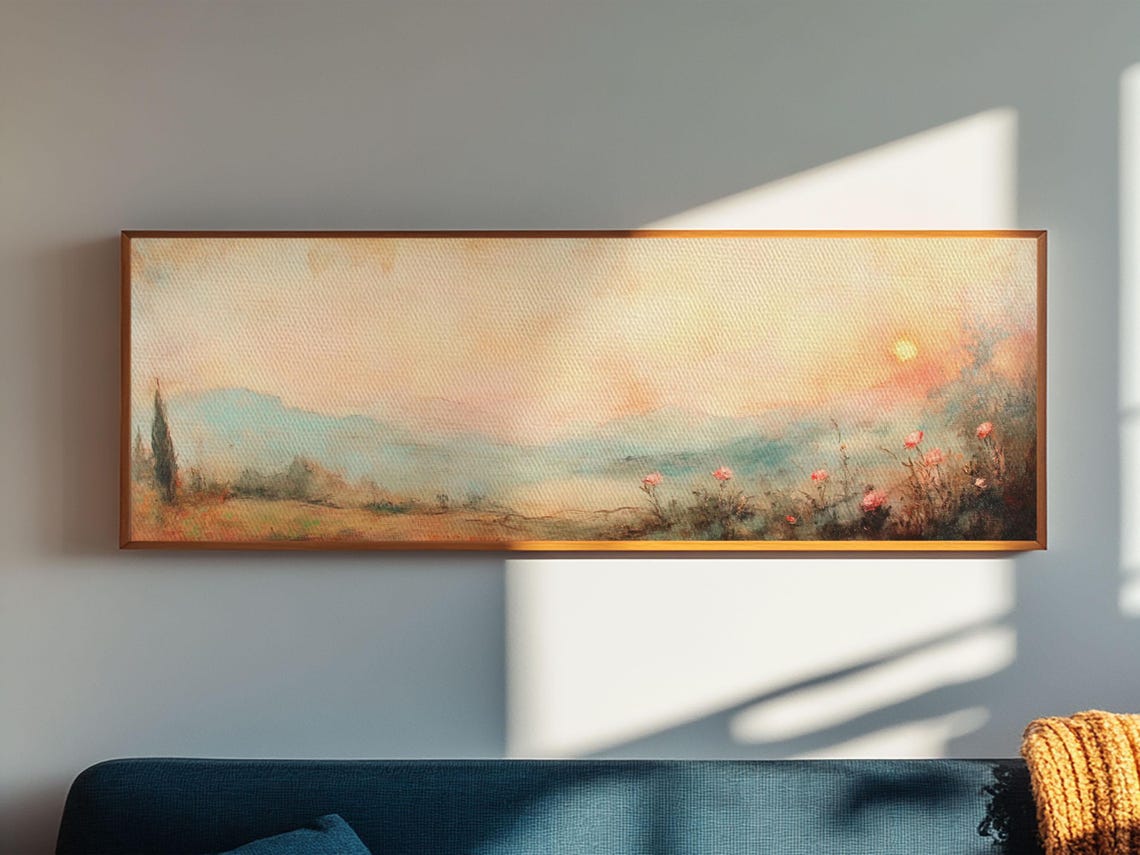 Moody Wildflower Field Misty Sunrise Pastel Panoramic Poster Art - Image 3
