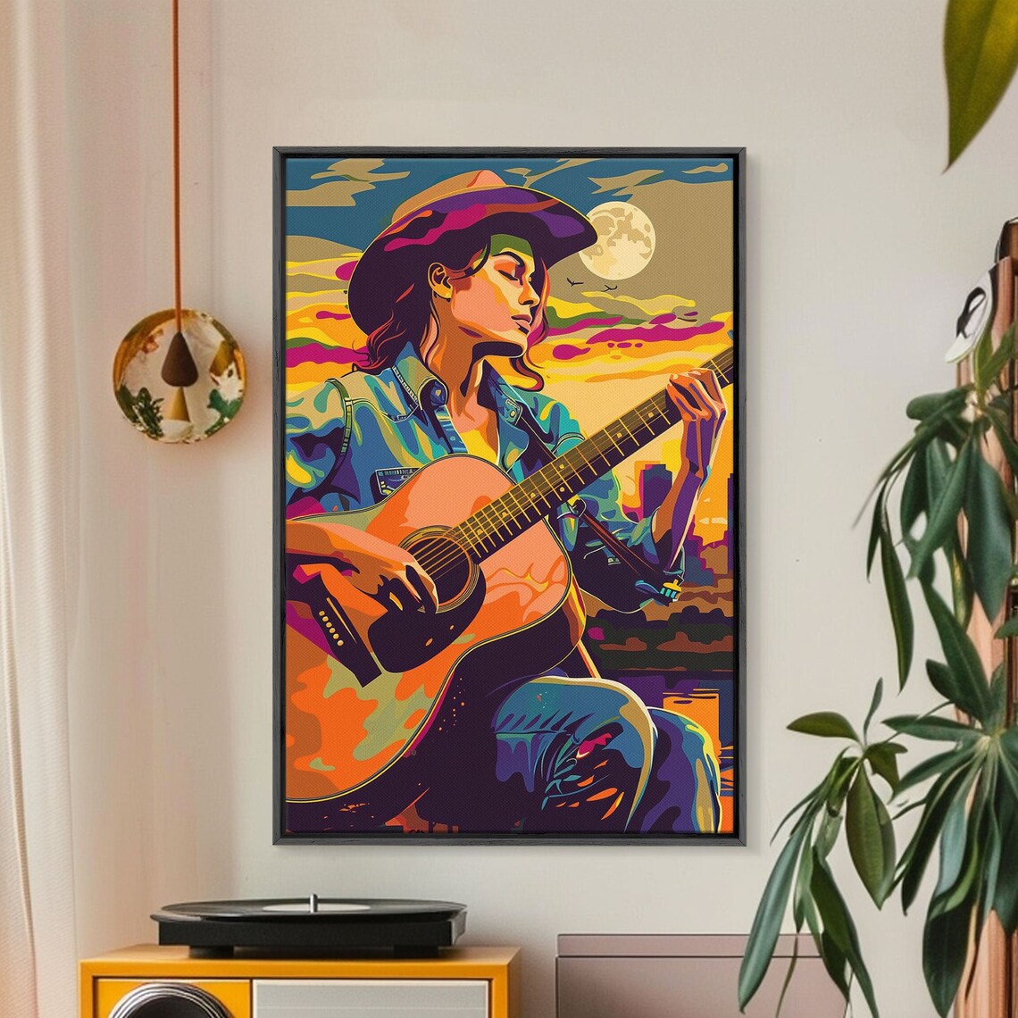 Cowgirl Playing Guitar Moon Colorful Pop Art Western Music Poster - Image 3