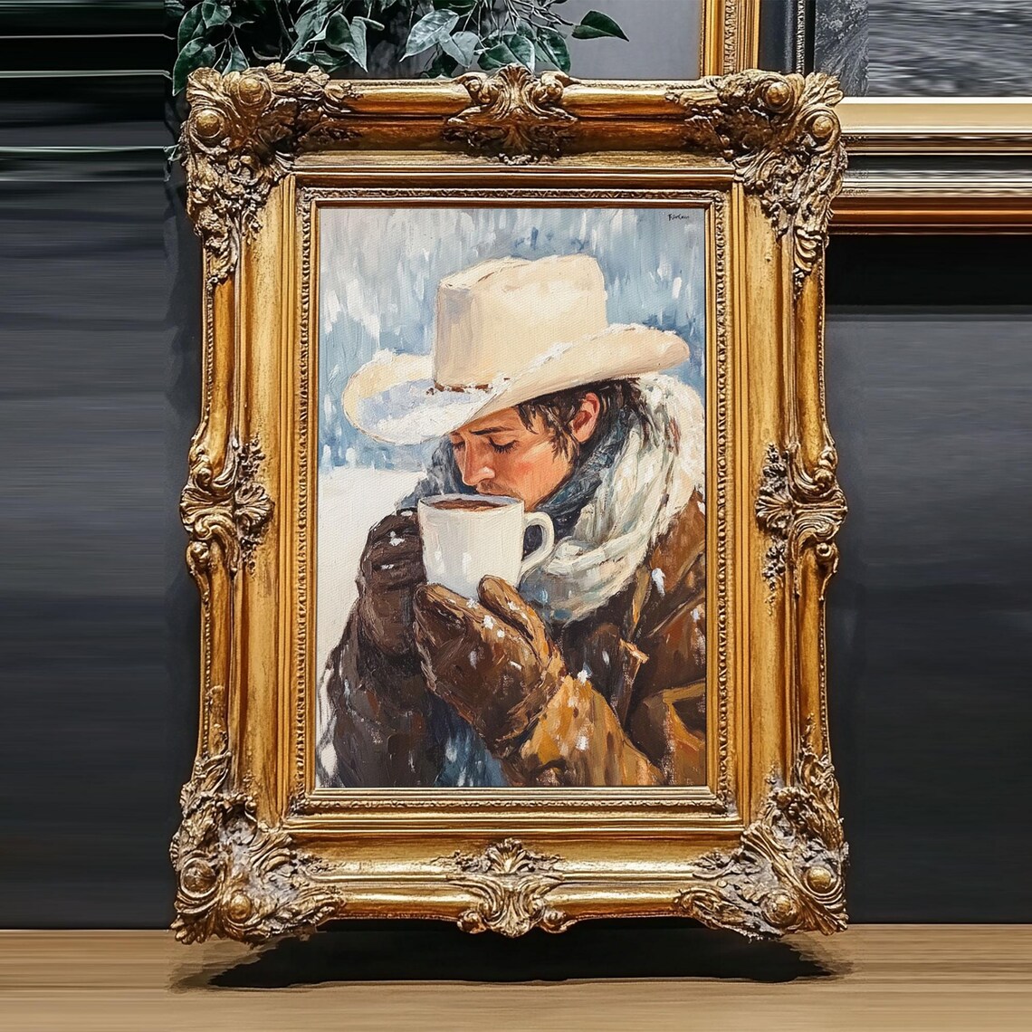 Cowboy Sipping Cocoa In Snow White Hat Gloves Framed Winter Art Poster