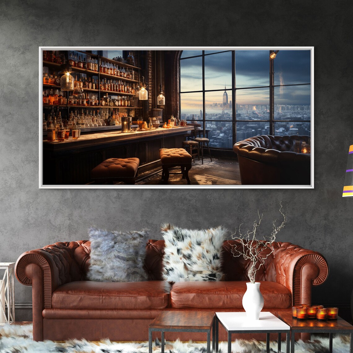 Vintage Winter Bar Overlooking The City, Art Print
