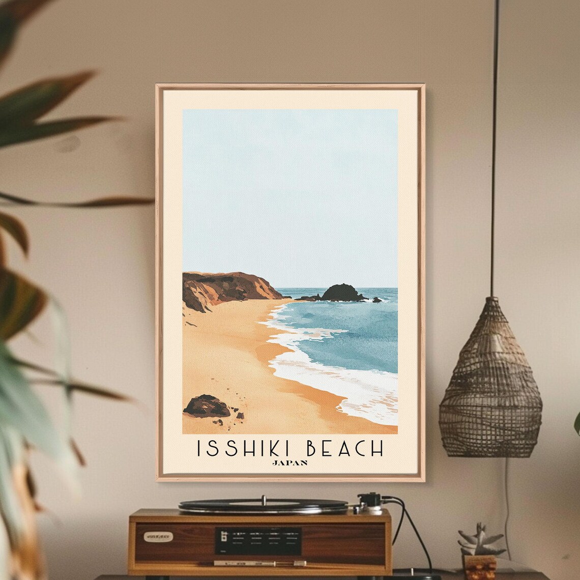 Isshiki Beach Japan Golden Sand Minimalist Cove Watercolor Travel Poster