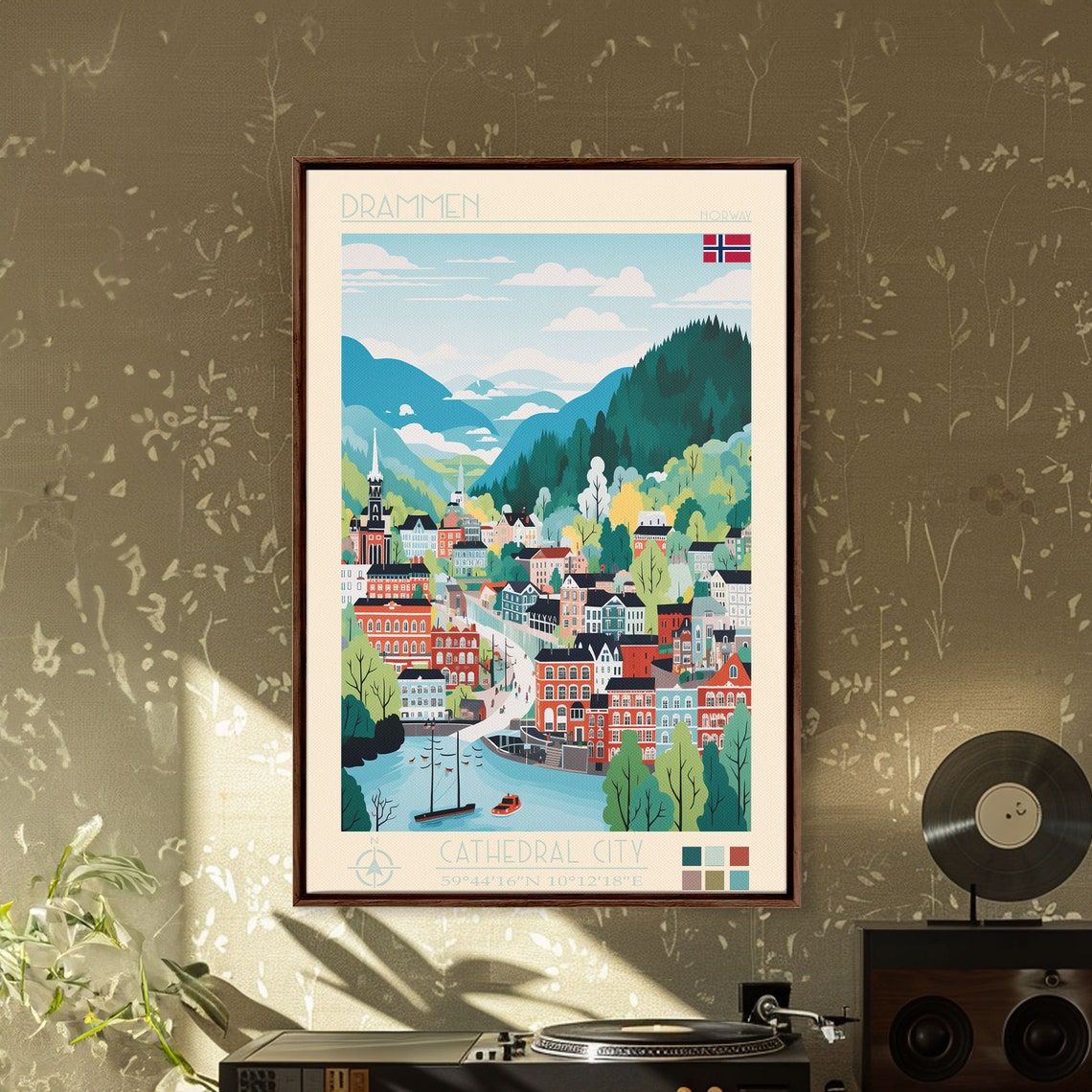 Drammen Norway Harbor Boats Forested Mountains Town View Poster - Image 3
