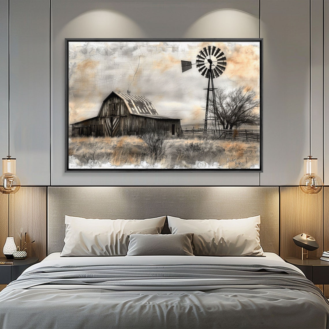 Old Rustic Barn With Windmill Sepia Prairie Landscape Painting Print - Image 3