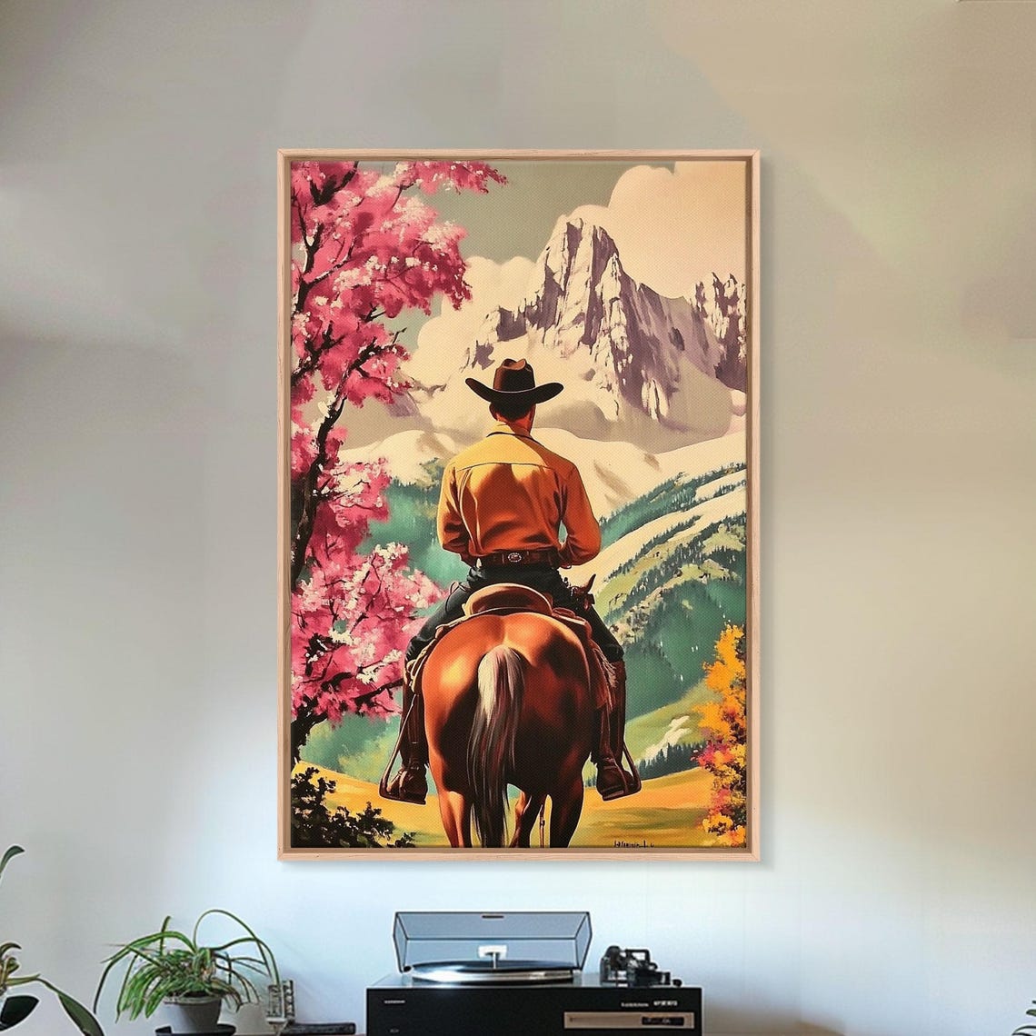 Cowboy Riding Past Pink Flowering Trees Rocky Mountain Meadow Poster - Image 5