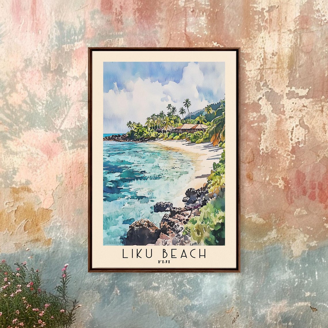 Liku Beach Fiji Turquoise Bay Palm Trees Rocky Shore Watercolor Poster - Image 4