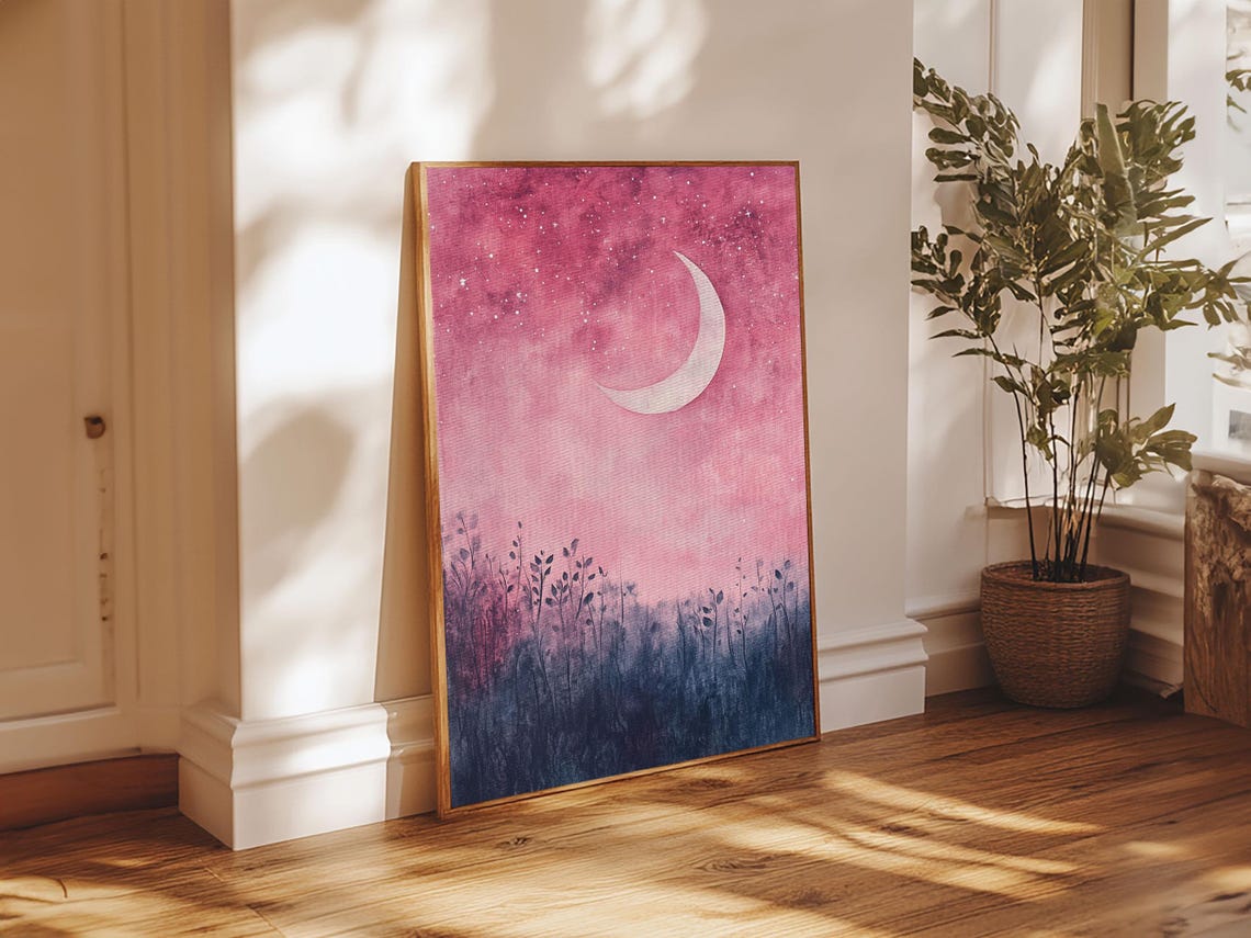 Crescent Moon Over Pink Starry Night Meadow Watercolor Wall Art - Image 6