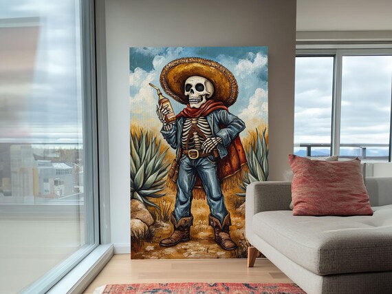 Mexican Skeleton Cowboy Sombrero Tequila Bottle Desert Art Poster