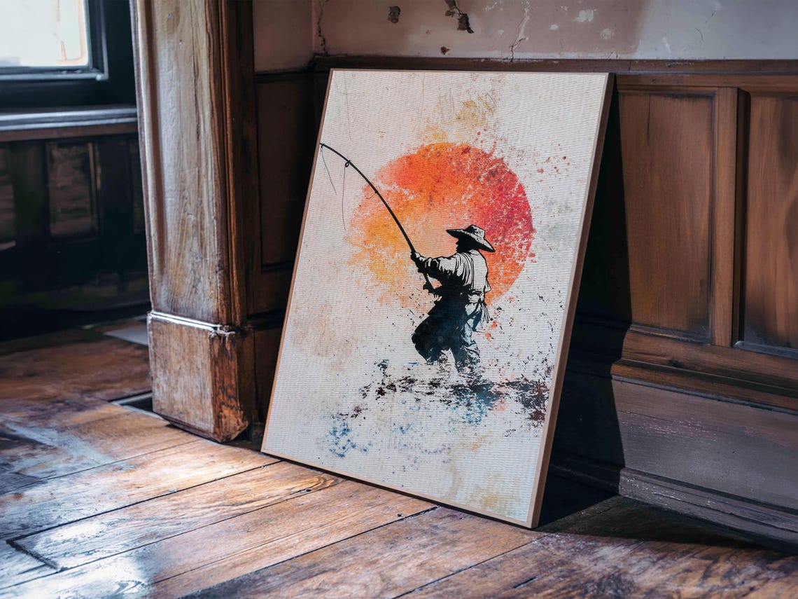 Fisherman Gift Idea Fisherman Painting Print Retro Wabi Sabi Fisherman Painting Gift For Fisher Fishing Gift Gift For Dad Nuevart - Image 3