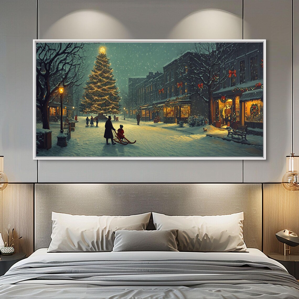 Snowy Christmas Village Square Lit Tree Sled Vintage Winter Print - Image 2