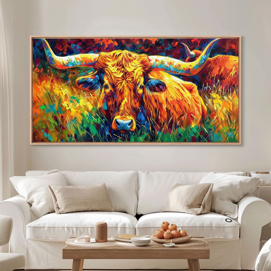 Colorful Longhorn Cow Face Close Up Vibrant Impasto Animal Art Poster - Image 2