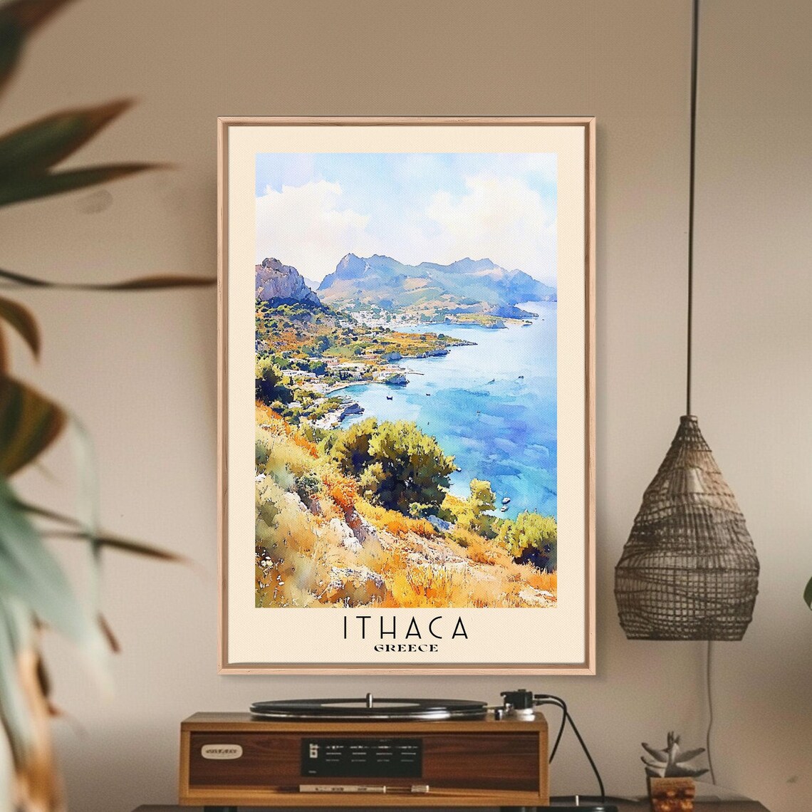 Ithaca Greece Bay Hillside Golden Autumn Coast Watercolor Travel Poster