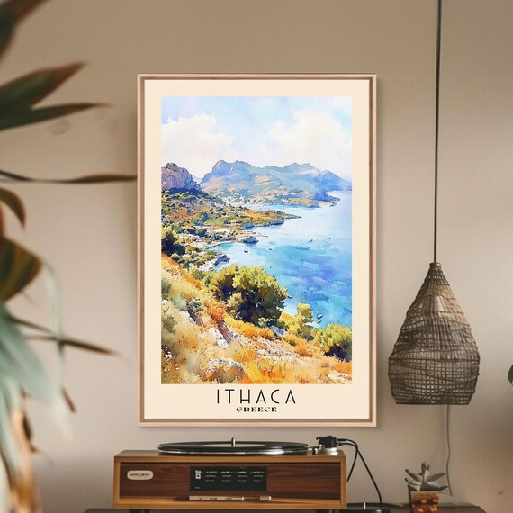 Ithaca Greece Bay Hillside Golden Autumn Coast Watercolor Travel Poster