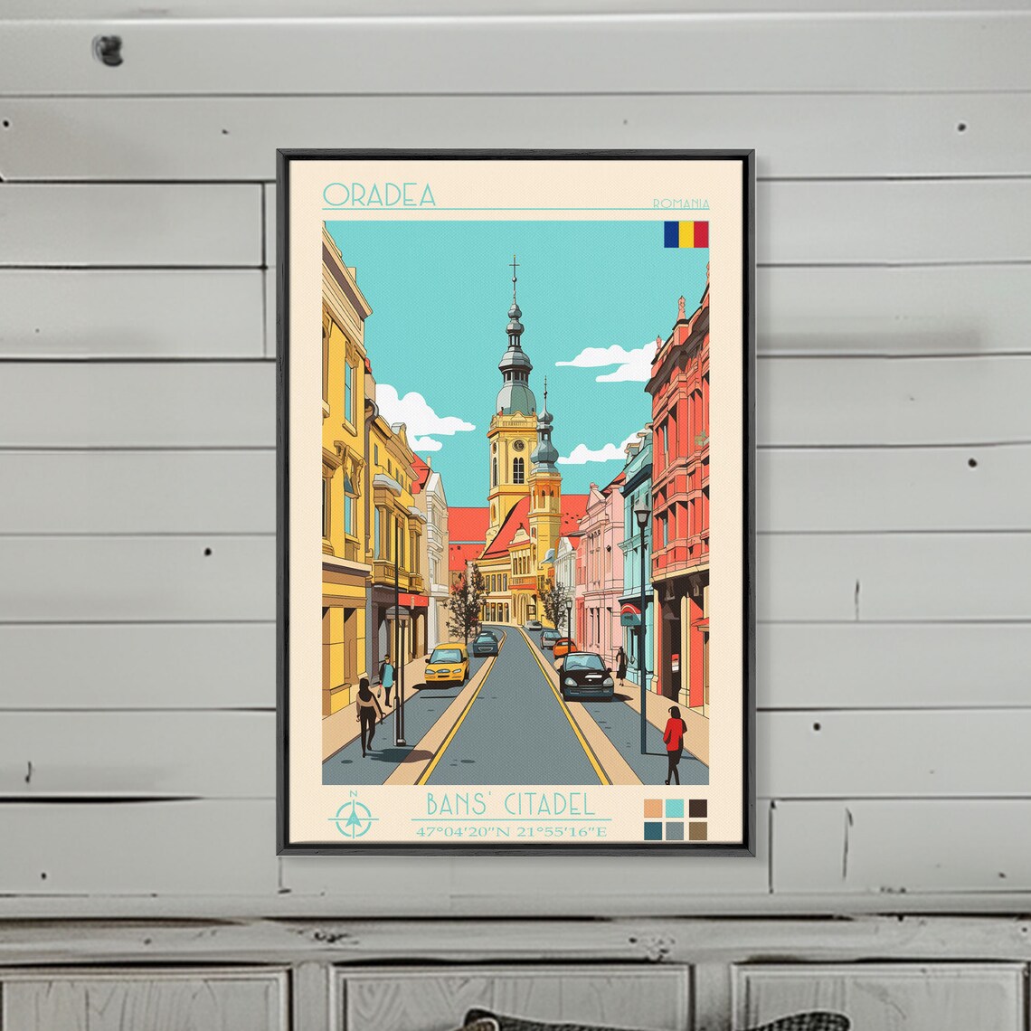 Oradea Romania Colorful Old Town Street Church Tower Travel Poster