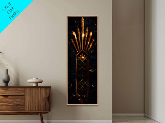 Gold Geometric Art Deco Pattern On Black Background Framed Print Midcentury Modern Art Skinny Art Tall Art Living Room Decor