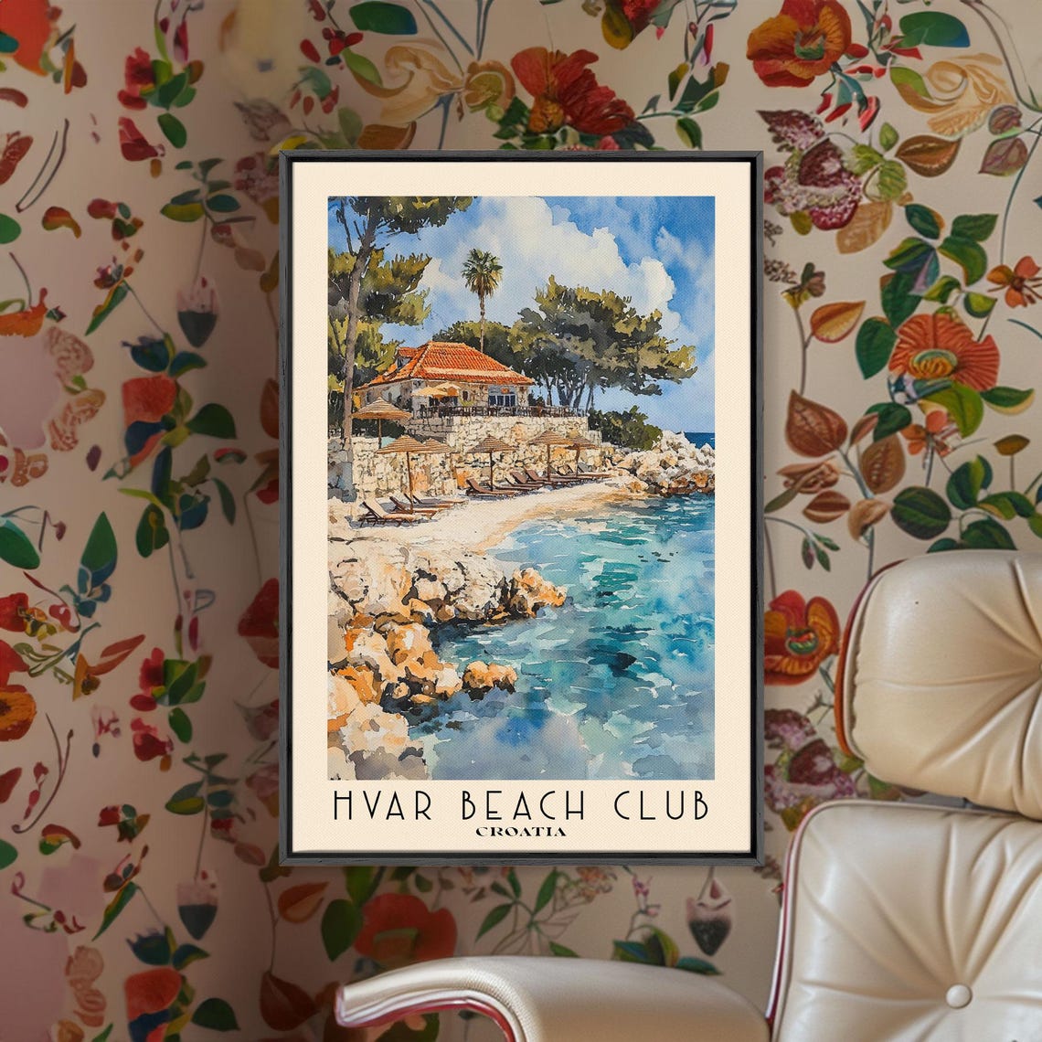 Hvar Beach Club Croatia Rocky Cove Stone Villa Watercolor Wall Poster - Image 2
