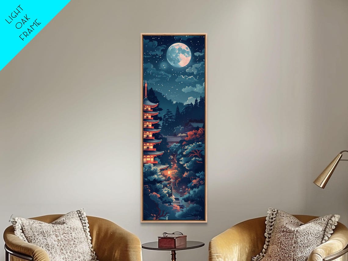 Japanese Pagoda Temple Full Moon Night Blue Red Tall Art Poster - Image 2