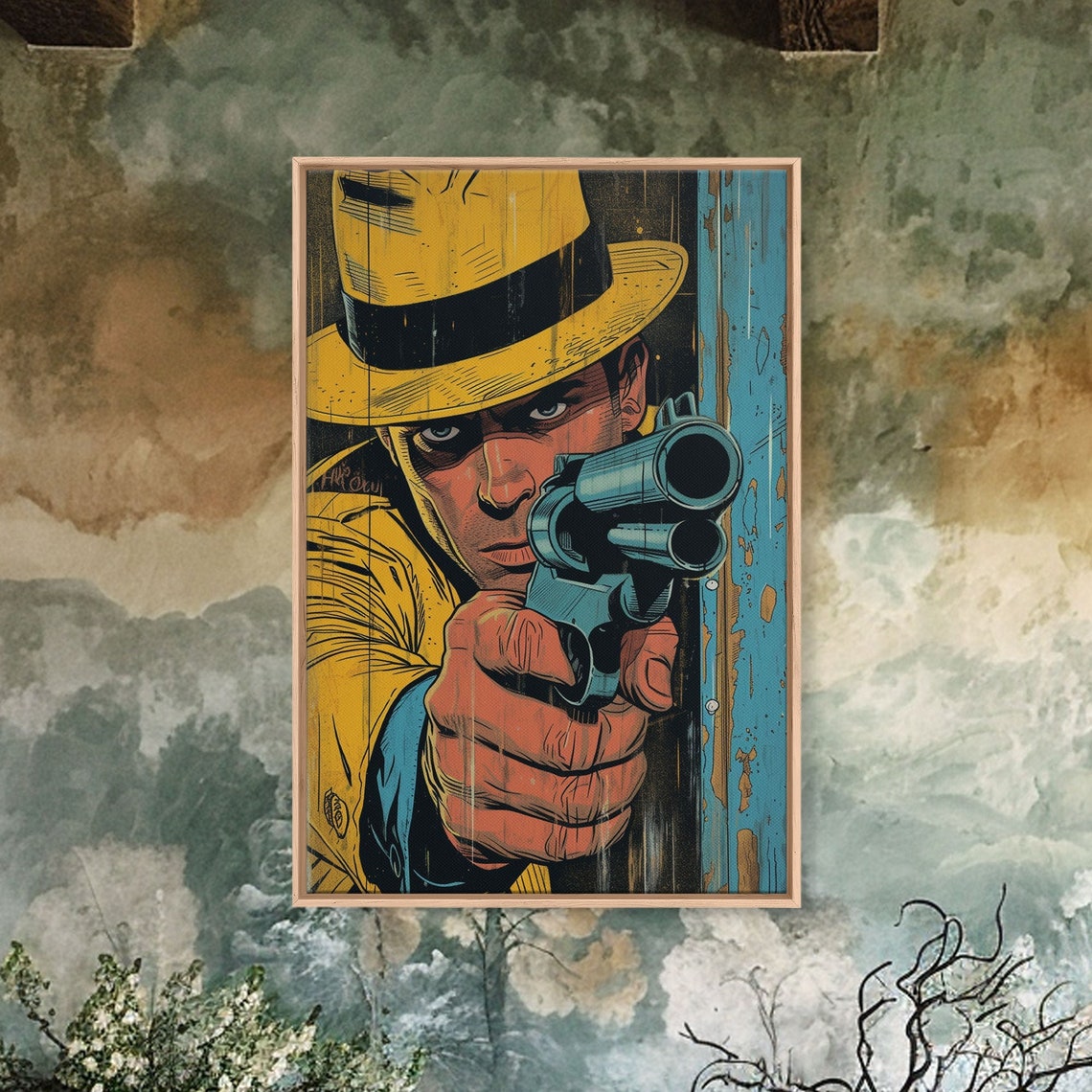 Hardboiled Detective Yellow Fedora Revolver Pulp Noir Comic Wall Art - Image 4
