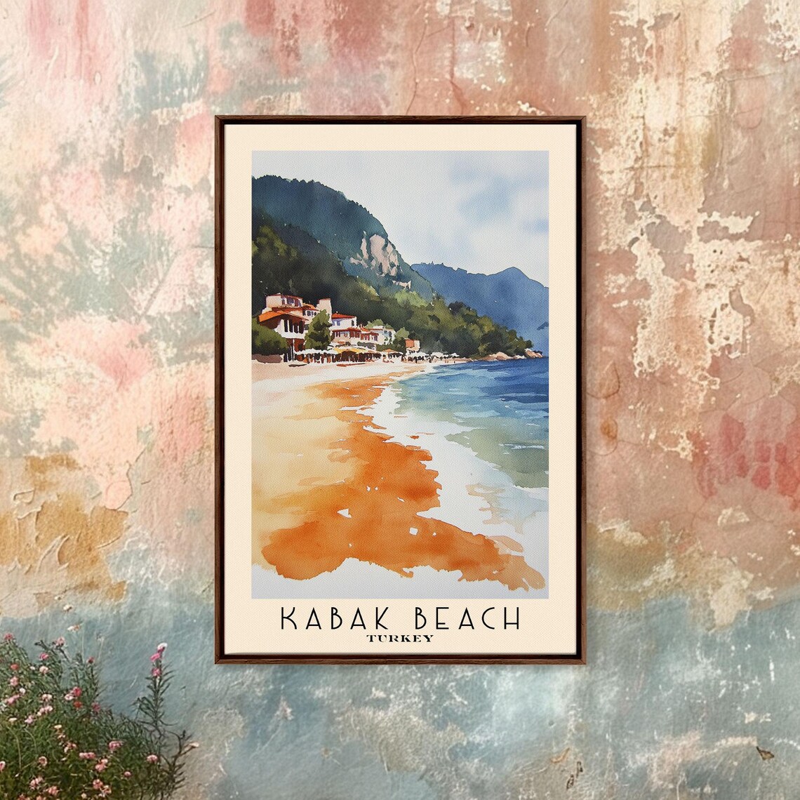 Kabak Beach Turkey Golden Sand Beach Cliff Town Blue Sea Watercolor Poster - Image 4